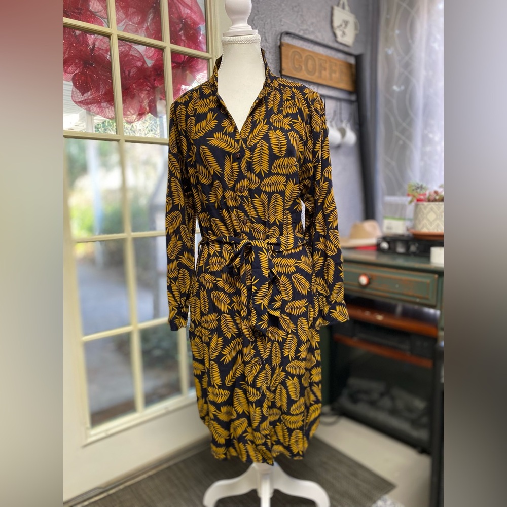 Women's Long Sleeve Wrap Dress in Mustard Leaf Print